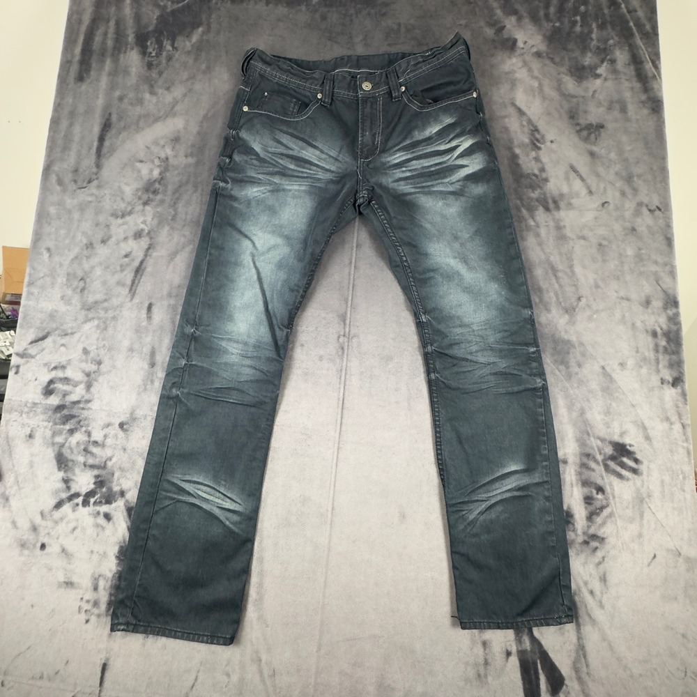 Buffalo David Bitton Evan Basic Slim Mens 33 Blue Distressed Whiskered Jeans